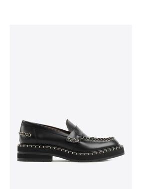 Chloé Black Leather Chain-Trim Penny Loafers
